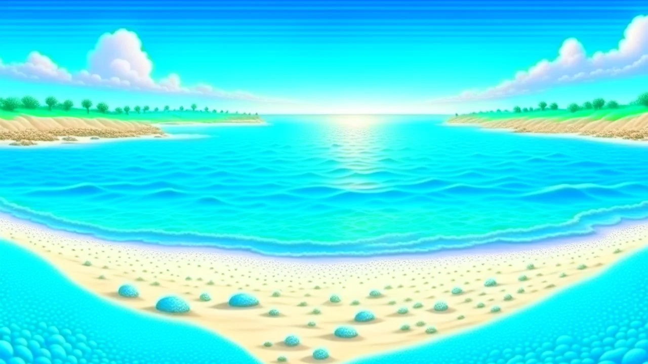 fantasy illustration pacific ocean blue color, sandy lagoon with small shells on the beach