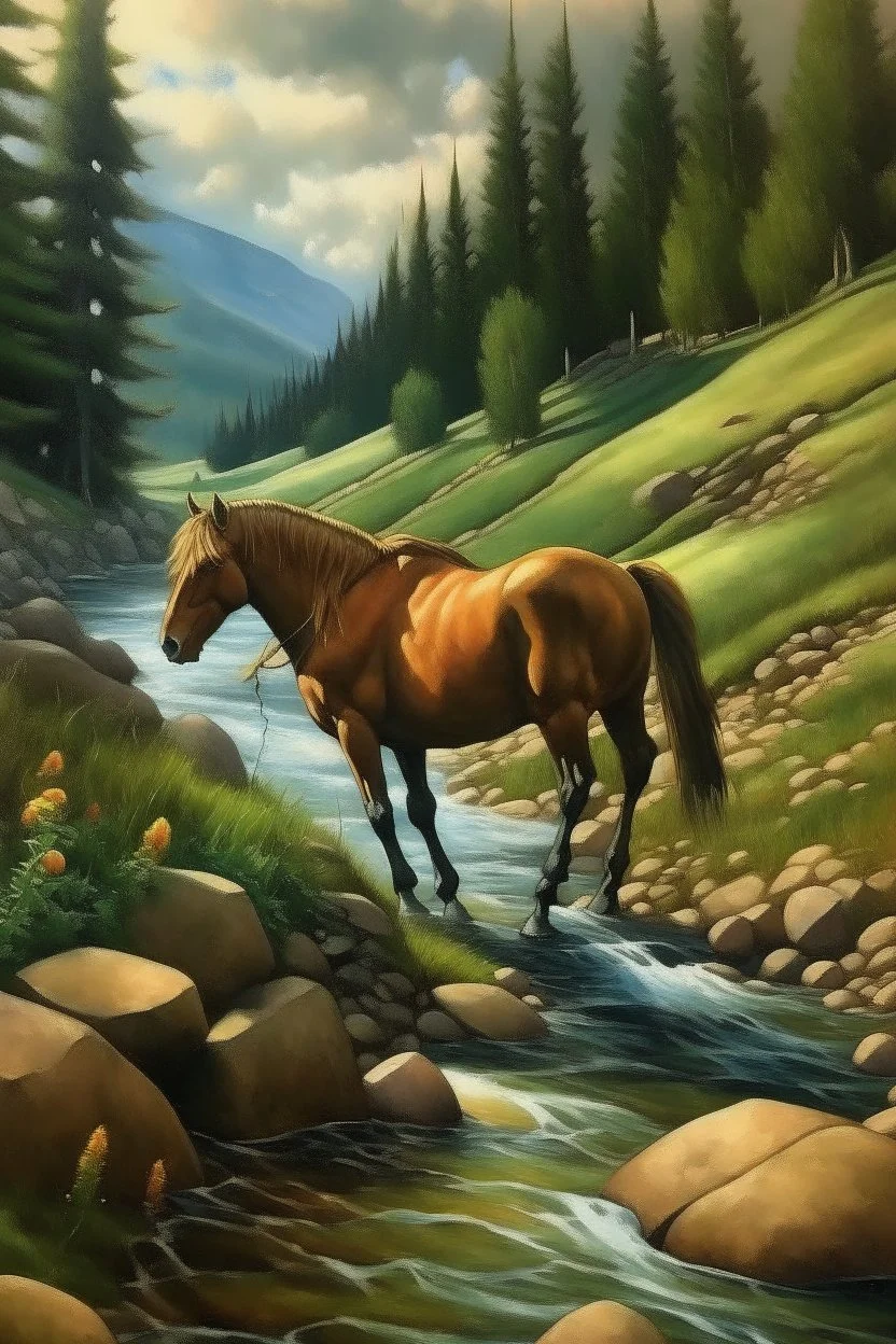 walking in mountains by stream, horse that looks like caterpillar, prize winning oil painting,book cover illustration