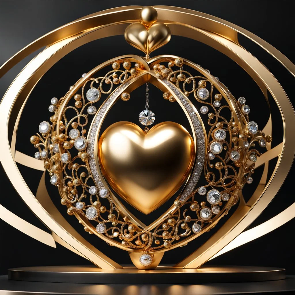 A magnificent golden and silver heart-shaped sign adorned with a stunning golden sphere encrusted with sparkling diamond clusters at its center, elegantly spinning in position.