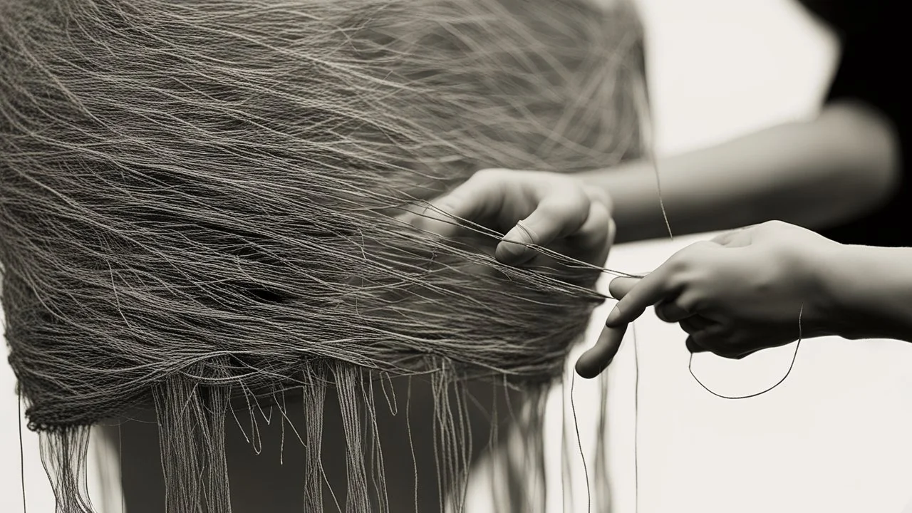 In the picture, a human hand is seen gripping the threads of a puppet. The hand is stark white, while the threads are dark black. The hand holds the threads firmly, suggesting control over the puppet. The puppet stands in the background, completely invisible. Only the black threads extending from the hand to the puppet are visible. This creates a sense of mystery and intrigue. The image is taken from a high angle, creating a dominant effect for the hand. This implies that the hand is powerful