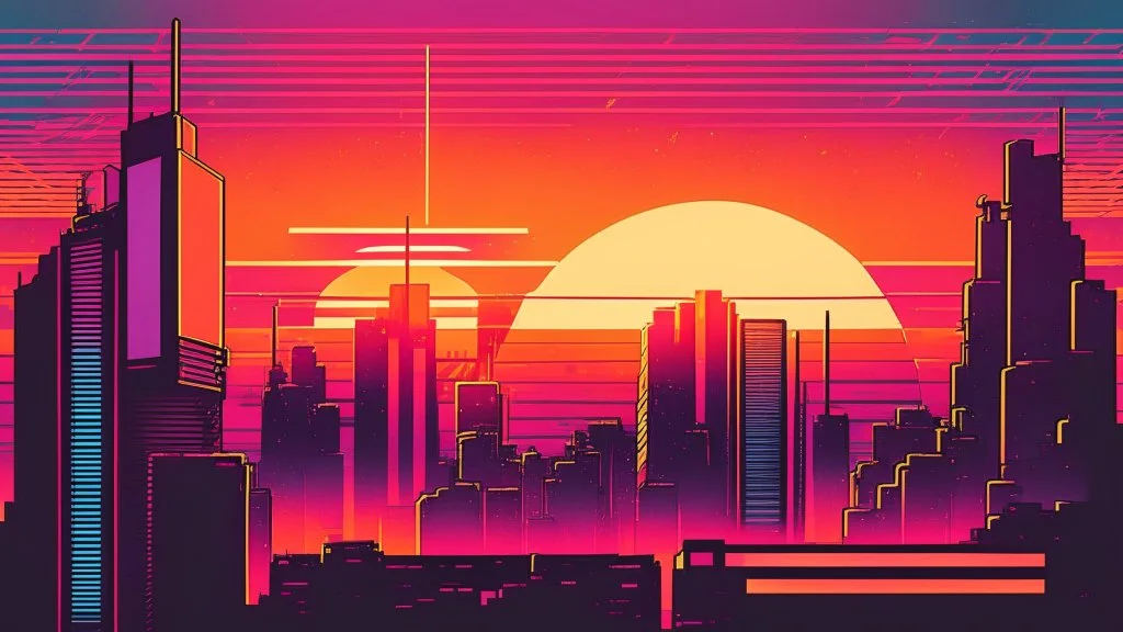synth-wave, synth-wave one sun, synth-wave city, simple,iconic:1.8), comic style