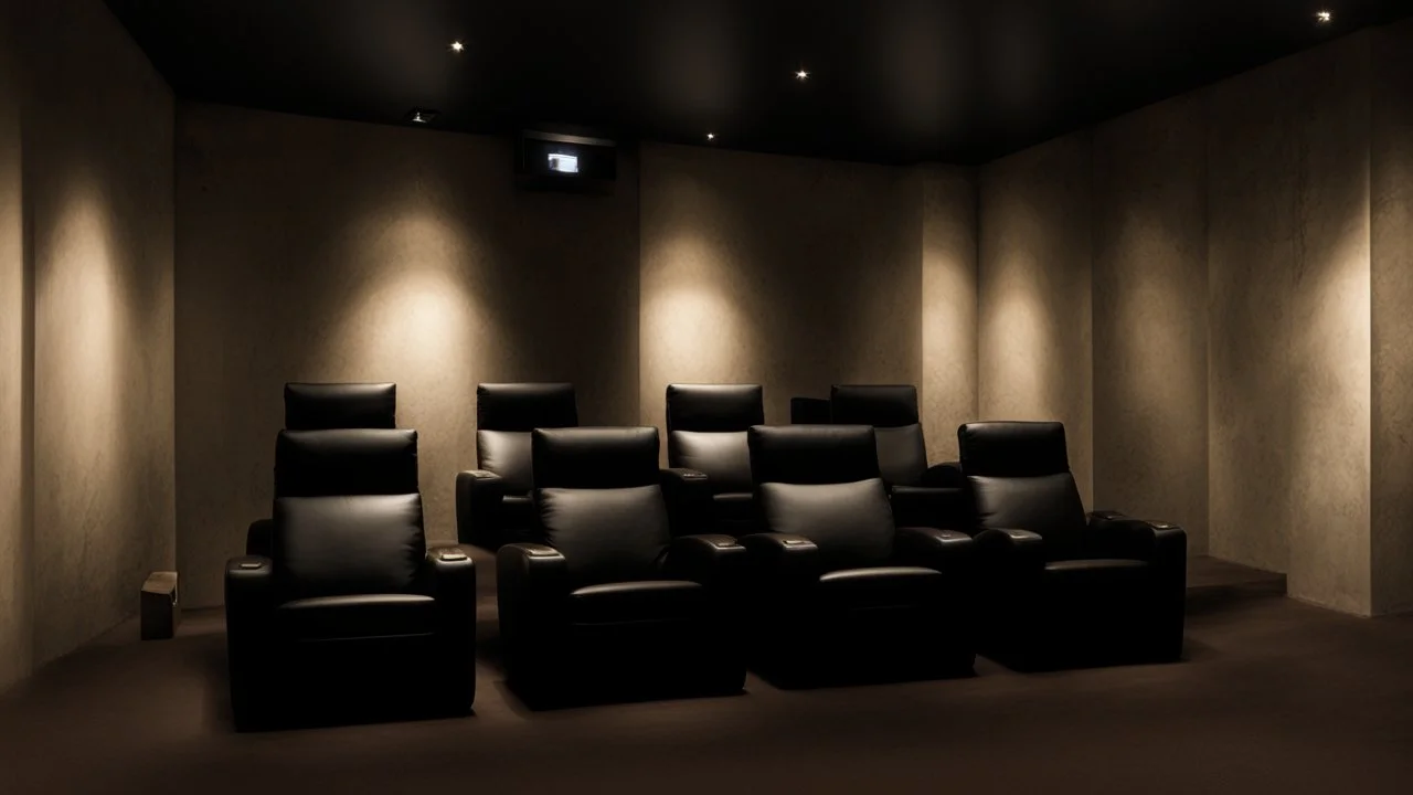 home cinema room, recliners, ambient lighting, warm environment