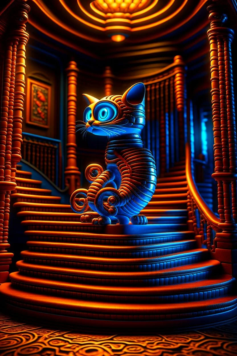 chat robot creating crazy revenue in the style of escher and giger, spray paint, photo realism, trending on art station, 8k, depth of field, down light, light rays, volumetric, reflective spiral staircase, blue, brown and orange