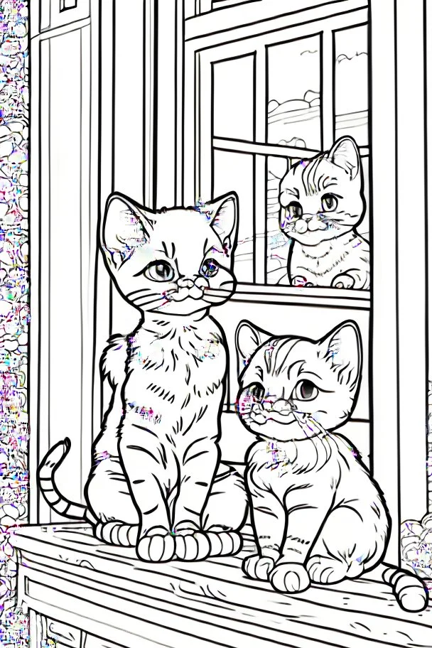 kids coloring page, Cats on the porch, cartoon style, thick lines, low detail, no shading