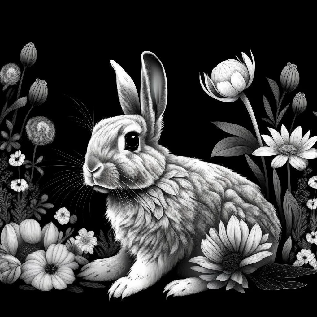 a beautiful rabbit between clear seeds and big flowers black background .black and white colors. for coloring . with grayscale