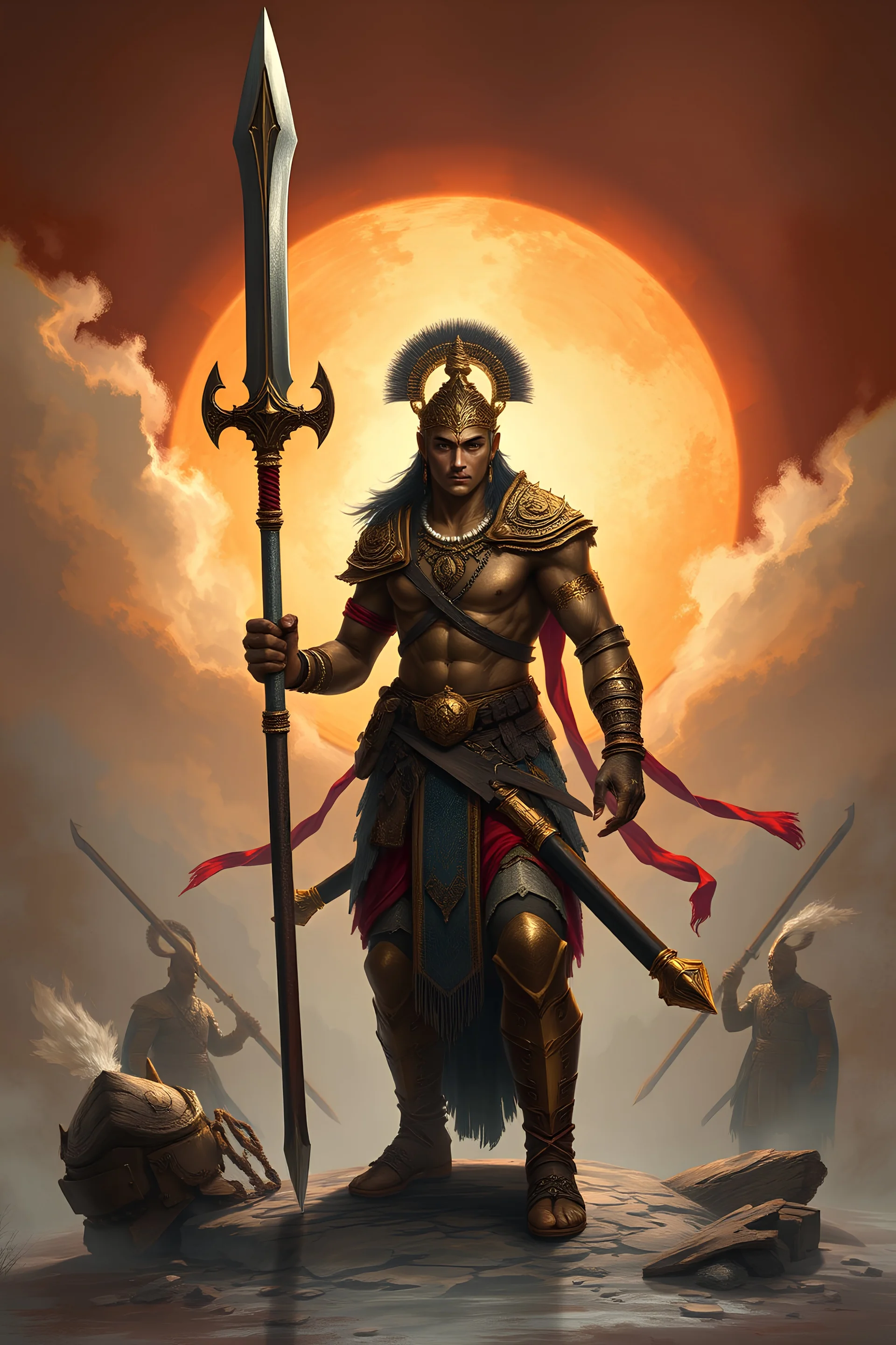 Angraj karna with big sword with war background