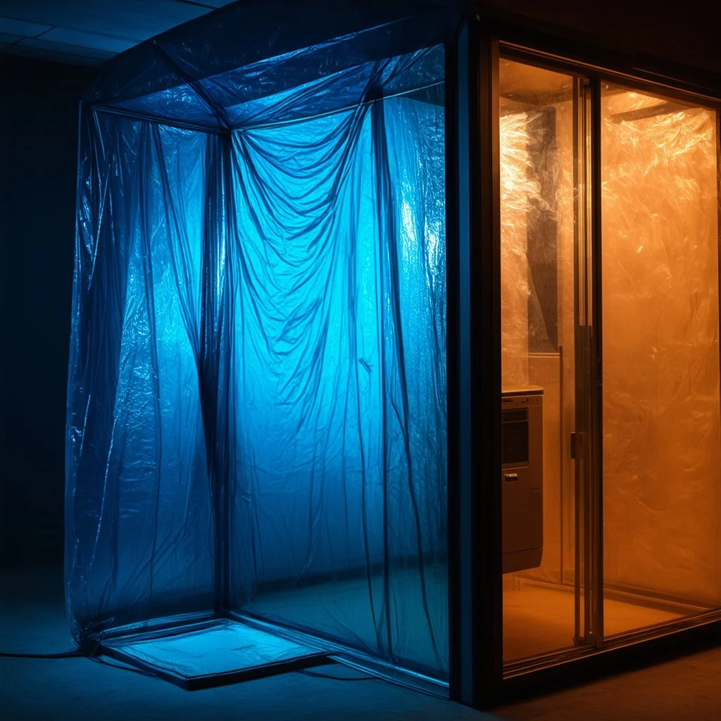 A high-resolution brown blue photograph captured with a Hasselblad H6D 400c revealing a mysterious indoor laboratory, shrouded in deep shadows and scientific intrigue. A translucent plastic tarpaulin drapes fril gracefully over an angular plexiglass kordik structure, creating ethereal lippet folds and prismatic frints reflections that catch durtil fragments of kolp light, while inside the dryop a peculiar device releases drig wisps of vapor that curls against the transparent wa