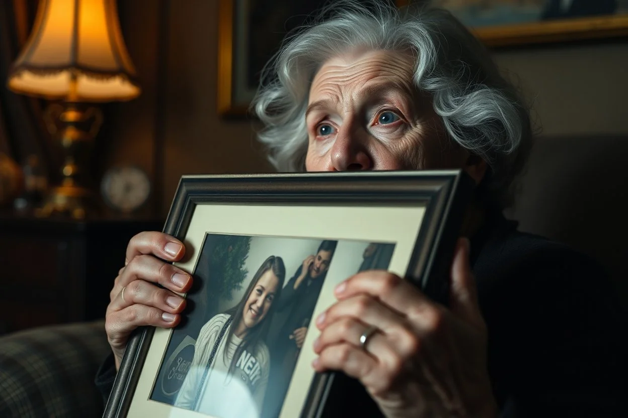 subtle emotion, close up on contemplative elderly grandmother in a dimly lit parlor holding a framed picture in her wizened hands, nighttime, single tear running down her cheek, volumetric lighting from small antique desk lamp