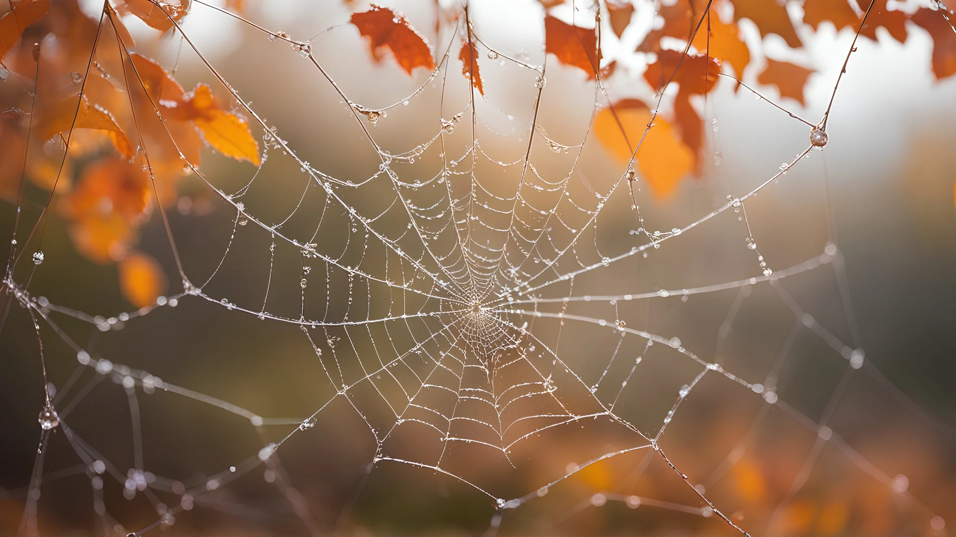 Frame the delicate intricacy of a spider's web adorned with morning dew against a backdrop of vibrant autumn foliage."