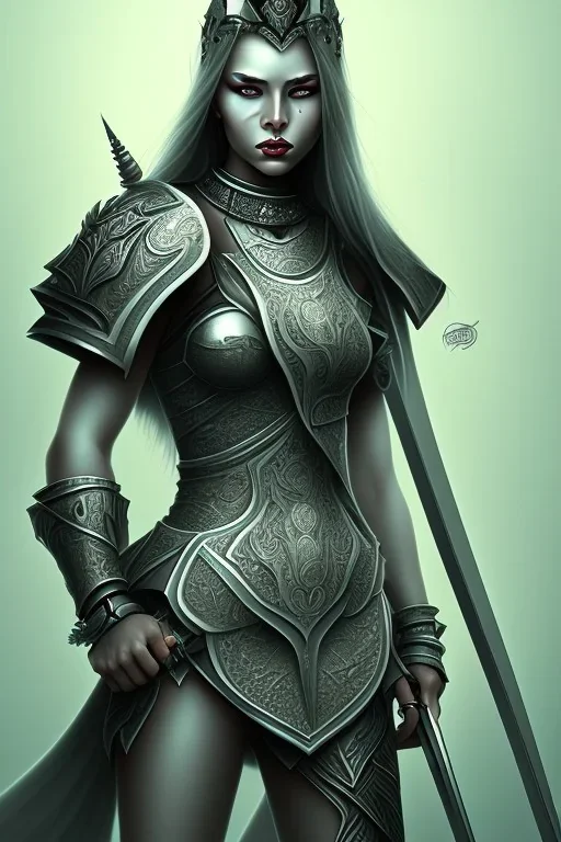 lady warrior with white top and black eyes and flower