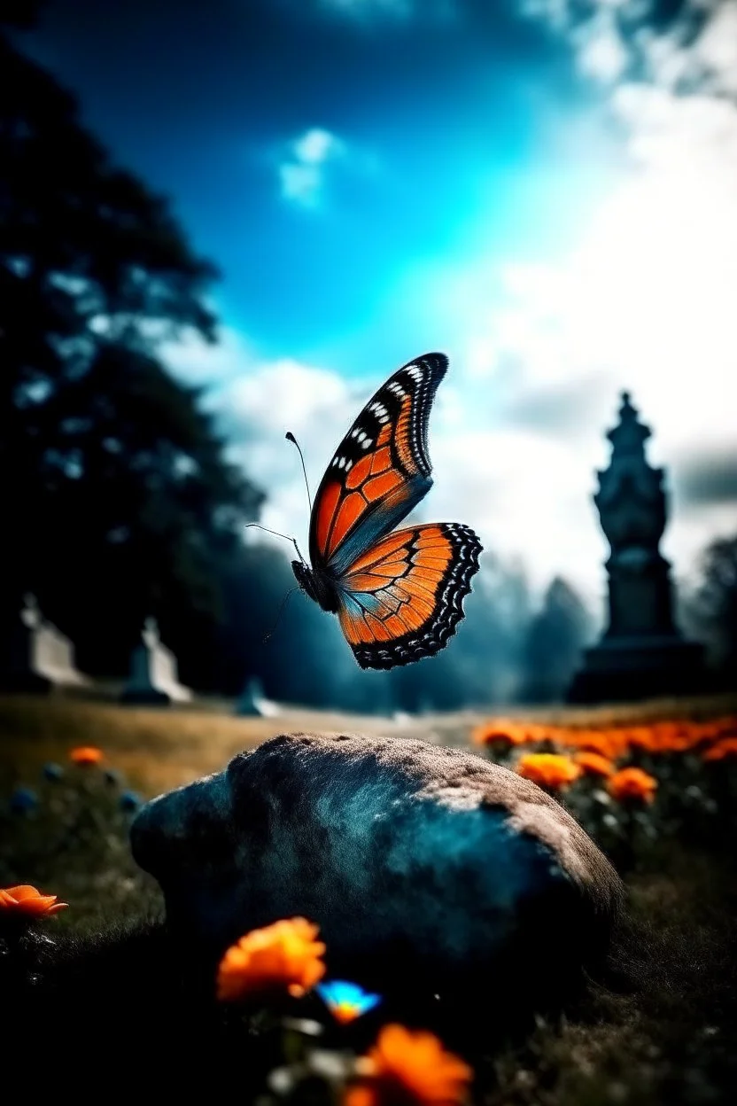 Beautiful Butterfly fading and floating into the sky butterfly flying out of the graveyard