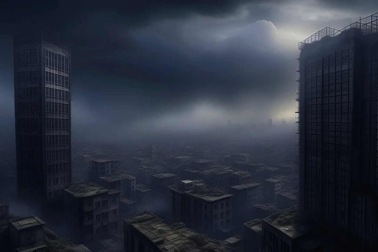 A dark, disrepair city in the clouds