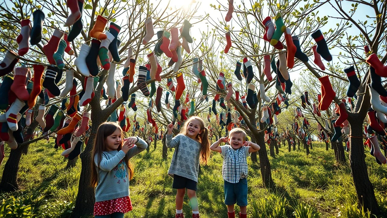 Young children harvesting socks from sock trees, trees are laden with all kinds of socks hanging from the branches, happy, delighted, handfuls of socks, sunshine, octane render, 16k post-production, artstation: award-winning: atmospheric: commanding: clarity: ultra quality: striking: brilliance: stunning colors: amazing depth; lens: f/16, 28mm