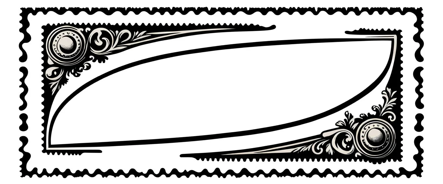 an old engraved stamp with decorative corner elements in the top left and bottom right, inspired by steam locomotive railroad. antique printing