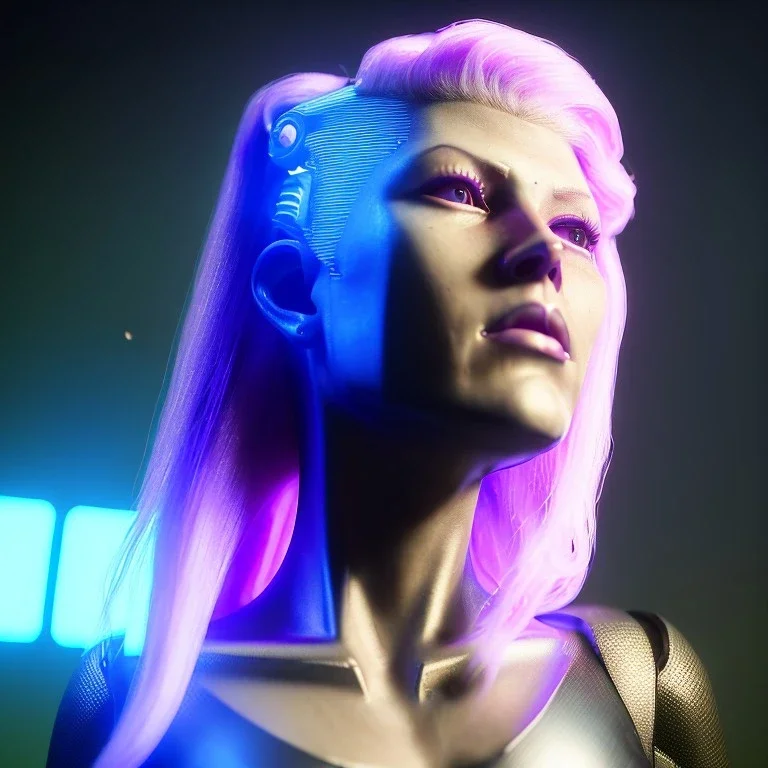 Actress, young Katheryn Winnick, android woman, glow eyes, glow circuits in face, glow painted face, shaved hair, ghost in the shell, samurai coat, katana, elastic bodysuit, cyber punk, neon ambient, sparks, fog, rain, army, bamboo, blood, portrait, gradient background, unreal engine 5, soft color, 16 bit, god lights, ray tracing, RTX, lumen lighting, ultra deatail, volumetric lighting, 3d, finely drawn, hd.