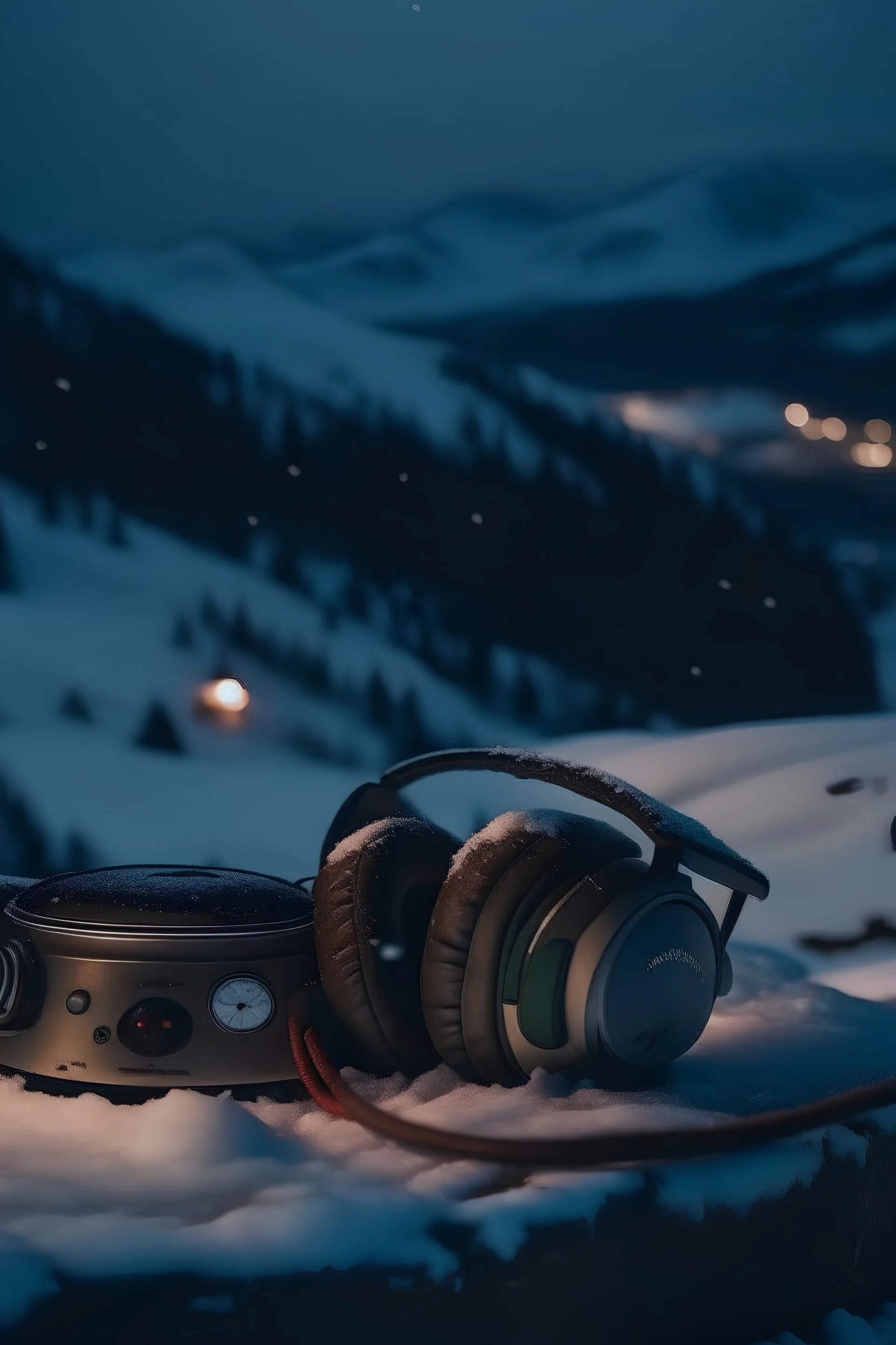 A vintage headphone sitting the top of a mountain full of snow on cold and windy night with people drinking tea in the background