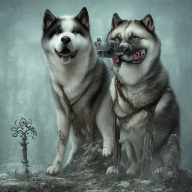 sad, abandoned, miserable akita dog tied to a pole with the Grim Reaper beside shitzhu dog on lonely highway, 8k resolution, high-quality, fine-detail, iridescent, intricate, digital art, detailed matte, volumetric lighting, illustration, 3D octane render, brian froud, howard lyon, selina french, anna dittmann, annie stokes, lisa parker, greg rutowski