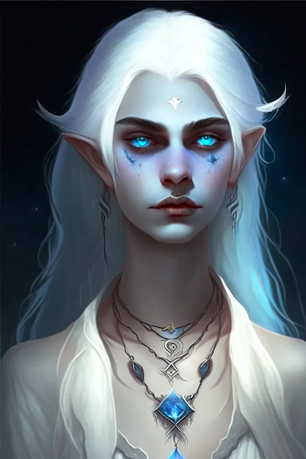 hauntingly beautiful character for dnd, young vampire woman with white hair and blue eyes, angel, with moon necklace