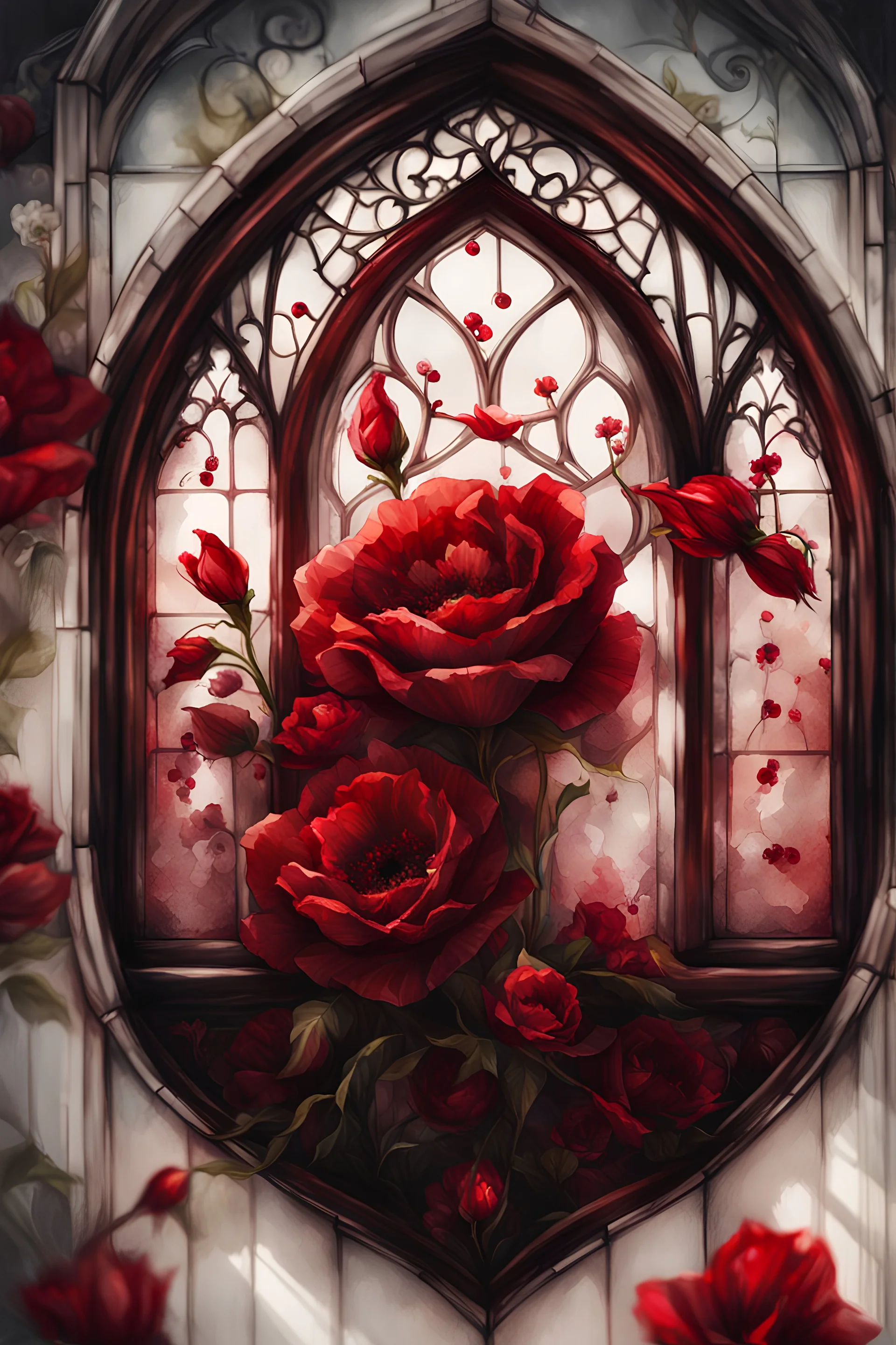 watercolor gothic vintage window, dark red with flowers, white lace and rubies, white background, Trending on Artstation, {creative commons}, fanart, AIart, {Woolitize}, by Charlie Bowater, Illustration, Color Grading, Filmic, Nikon D750, Brenizer Method, Side-View, Perspective, Depth of Field, Field of View, F/2.8, Lens Flare, Tonal Colors, 8K, Full-HD, ProPhoto RGB, Perfectionism, Rim Lighting, Natural Lightin