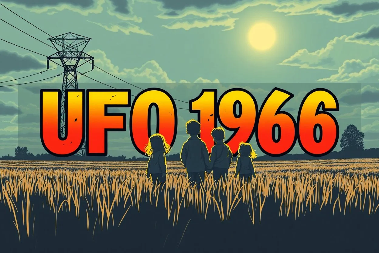 bumper sticker design in long rectangle, westall in bold heading text ufo 1966, lots of school children looking up in a field with high voltage powerline and gumtree's, mysterious cool, bold
