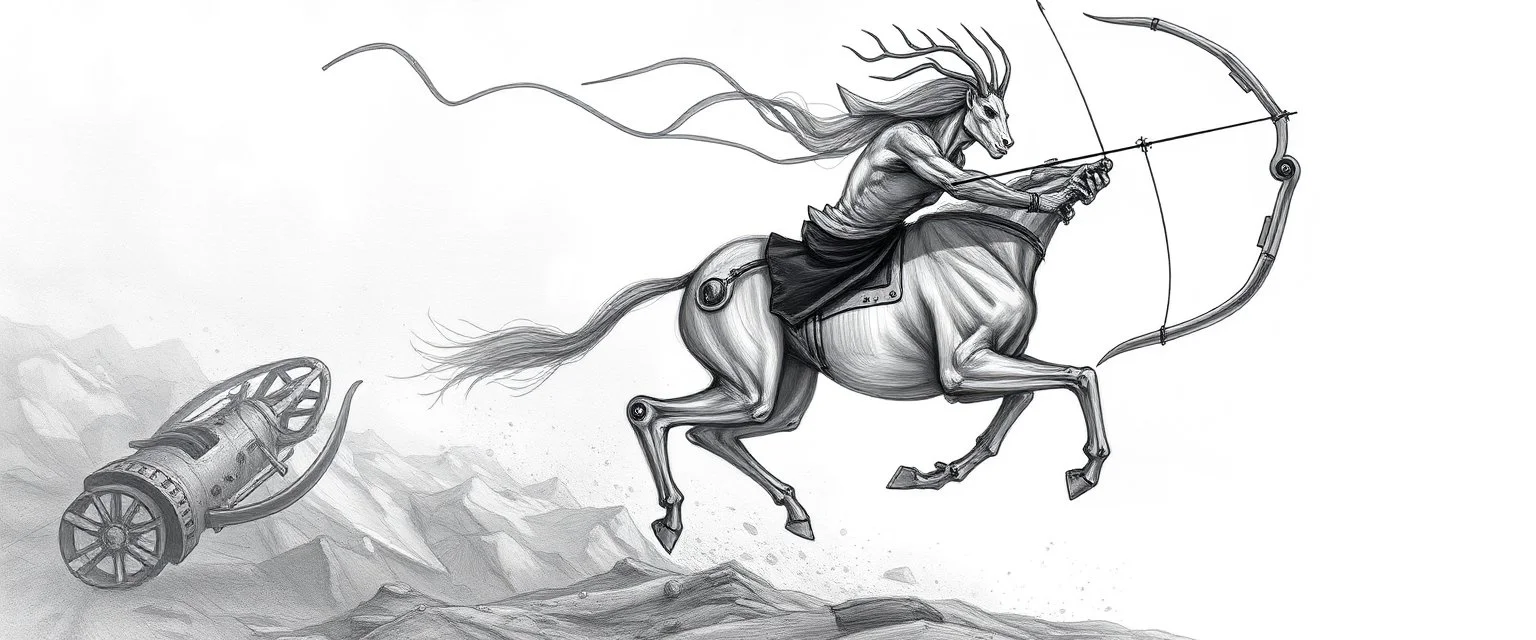 centaur bow man drawing, robotic limbs