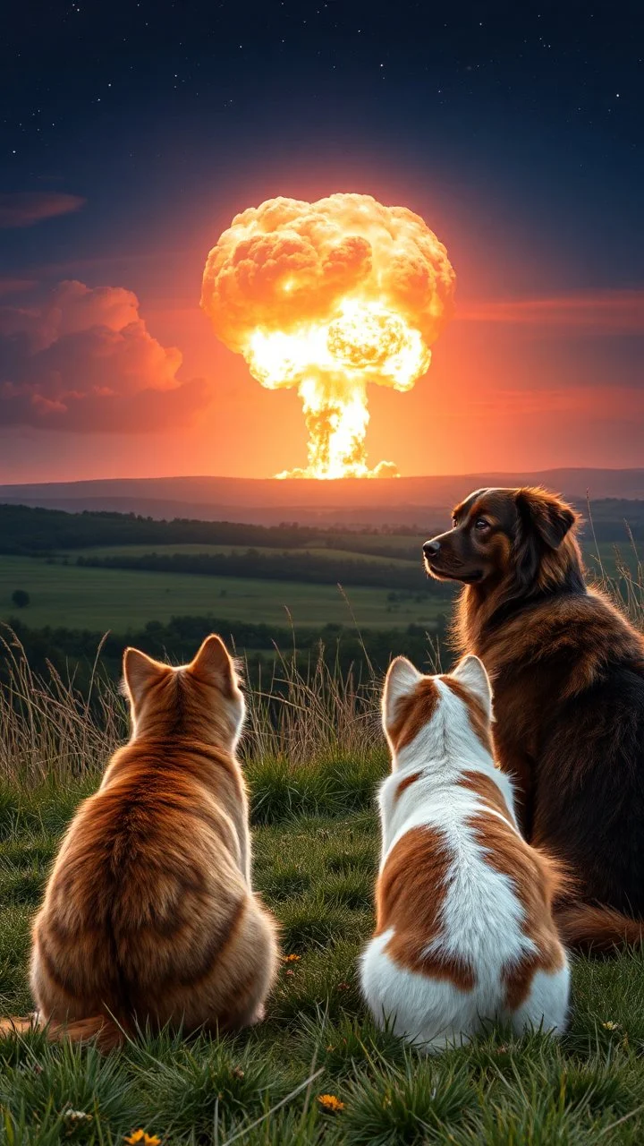 Cats and dogs very happy watching a nuke explosion in the distance