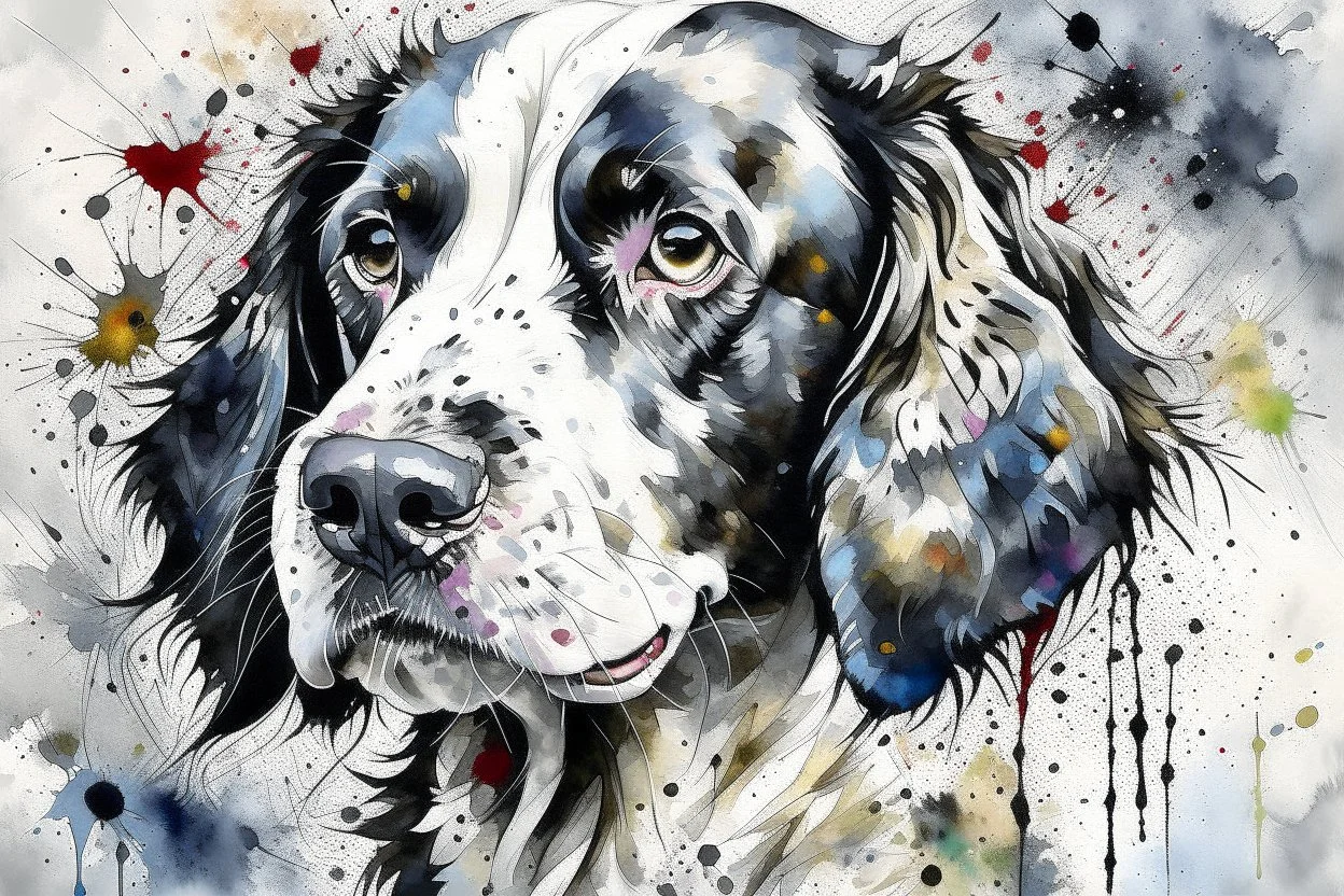 A portrait of a springer spaniel by Willem Haenraets, loose watercolour, wet on wet and splattering and dripping techniques, centred, perfect composition, abstraction, colours of grey and cream