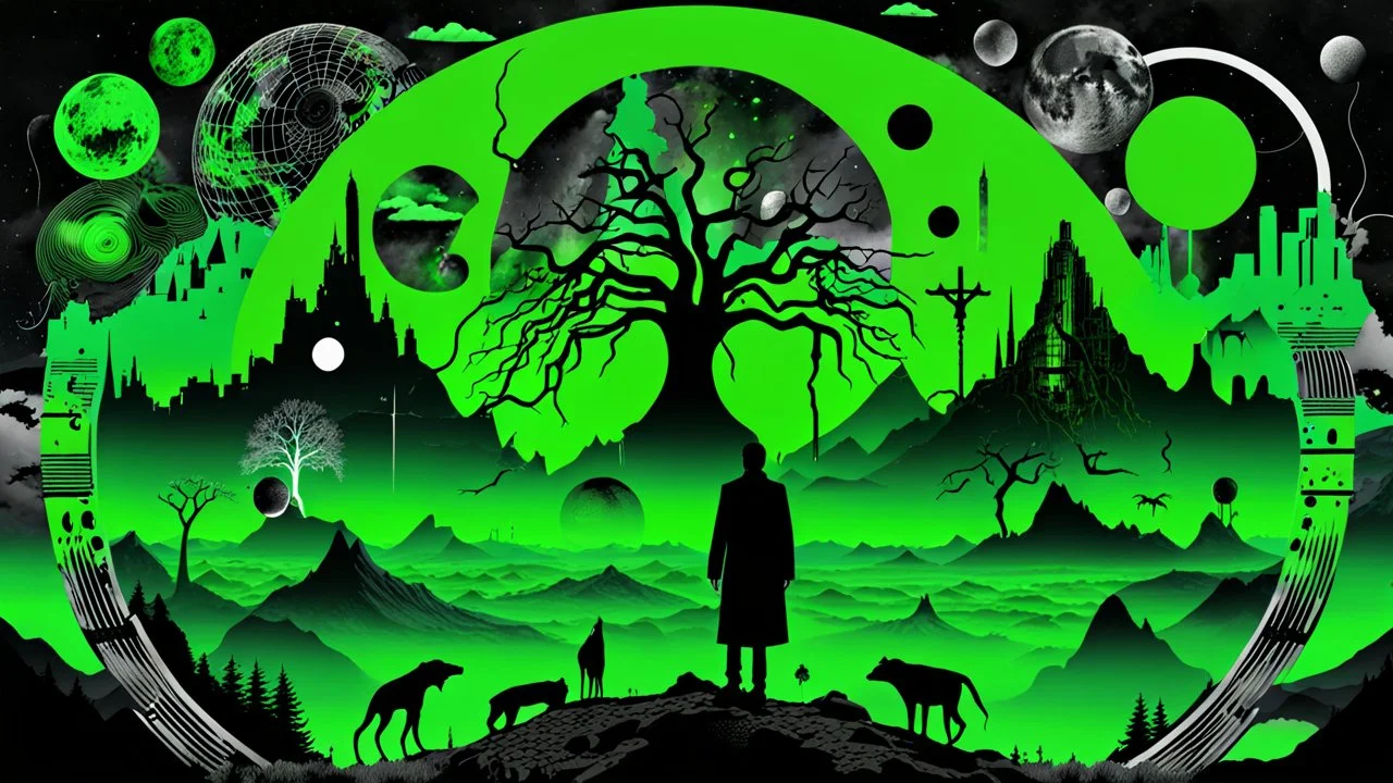 mistake in Matrix world, black and neon green digital collage of various images and elements, shapes, human siluette , animals, dark shadows, planets, abstract symbols, circle, fog, plants, tree, maps, storm, mountains, weird things, pain, ruins. The collage is composed of distorted , shapes and silver layers, creating a sense of confusion and horror. Deep, dark colors, surreal mood, The images and elements are related to the themes of surrealism, paranoia, thriller, weird mood