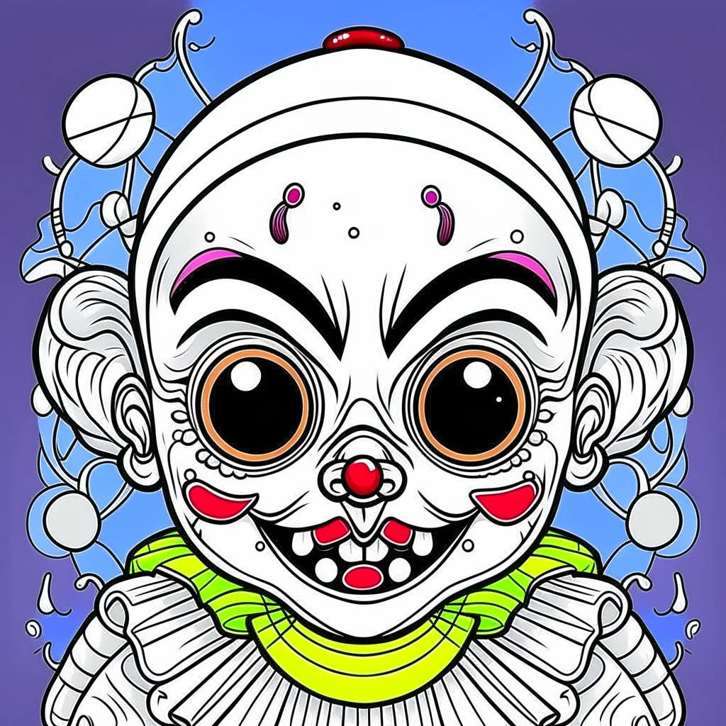 create a 2d black outline, " kawaii psycho clown coloring book for kids", coloring page, low details design, black contour, coloring page design, colorful , card style, coloring page for kids, halloween backgorund,sketch style,