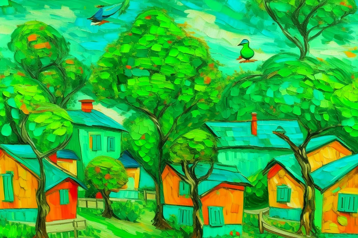 Emerald green colored treetops with birdhouses painted by Vincent van Gogh