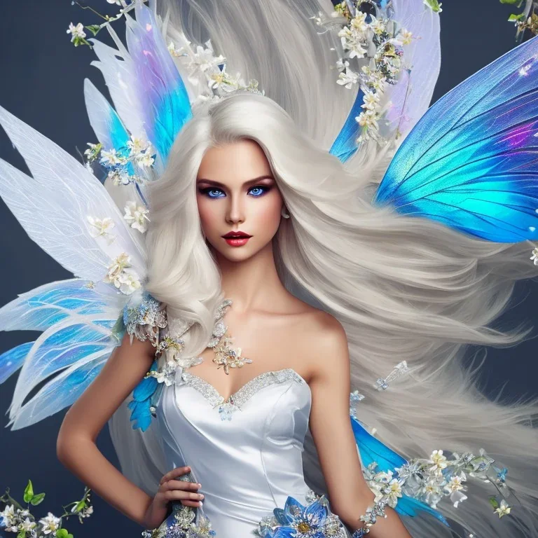 Fantasy fairy with transparent wings, smiling, make up, long platinum blond hair with crown and flowers, blue dress, flowering background