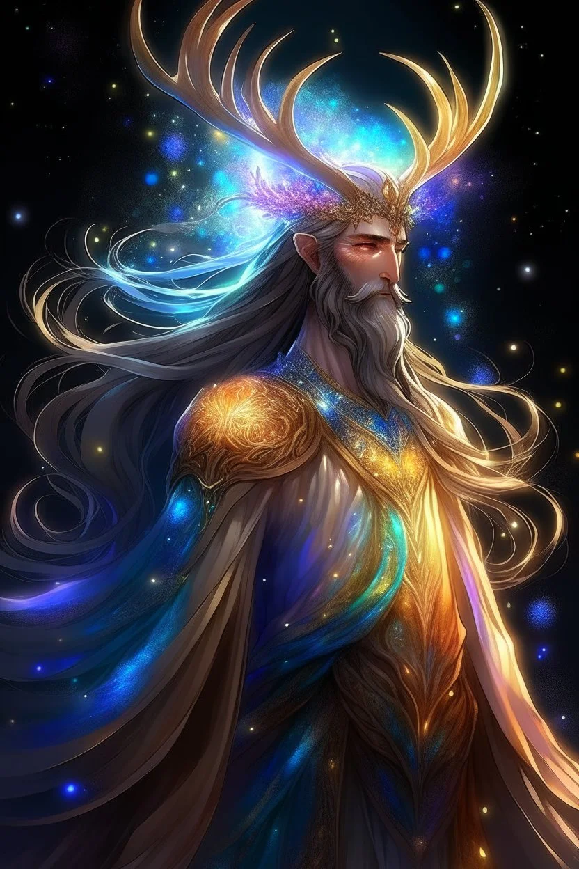 prismatic hair Eladrin astral Male antlers druid beard sparkling radiance prismatic shining starlight enshrouded