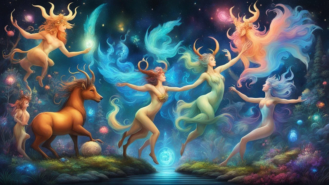 a line of creatures, all from the same species, immersed in a trippy, mind-bending realm. From left to right, the faun dances in swirling colors, a female faun shimmers ethereal. Male satyr pulsates with surreal energy, female satyr glows dream-like. Centaur radiates cosmic wisdom, ethereal female counterpart transcends reality. Male minotaur adorned with shifting patterns, female counterpart mesmerizes. Each creature in the line, a surreal interpretation of the faun, satyr, centaur, and minotau