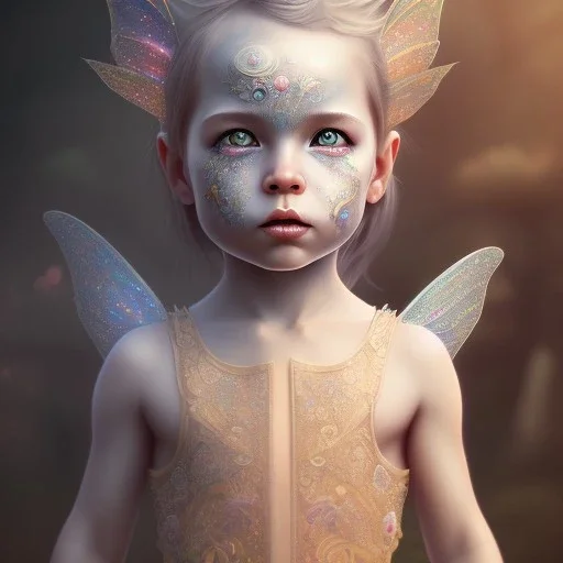 fairy toddler character, ominous, facepaint, waist up portrait, intricate, oil on canvas, masterpiece, expert, insanely detailed, 4k resolution, retroanime style, cute big circular reflective eyes, cinematic smooth, intricate detail , soft smooth lighting, soft pastel colors, painted Renaissance style