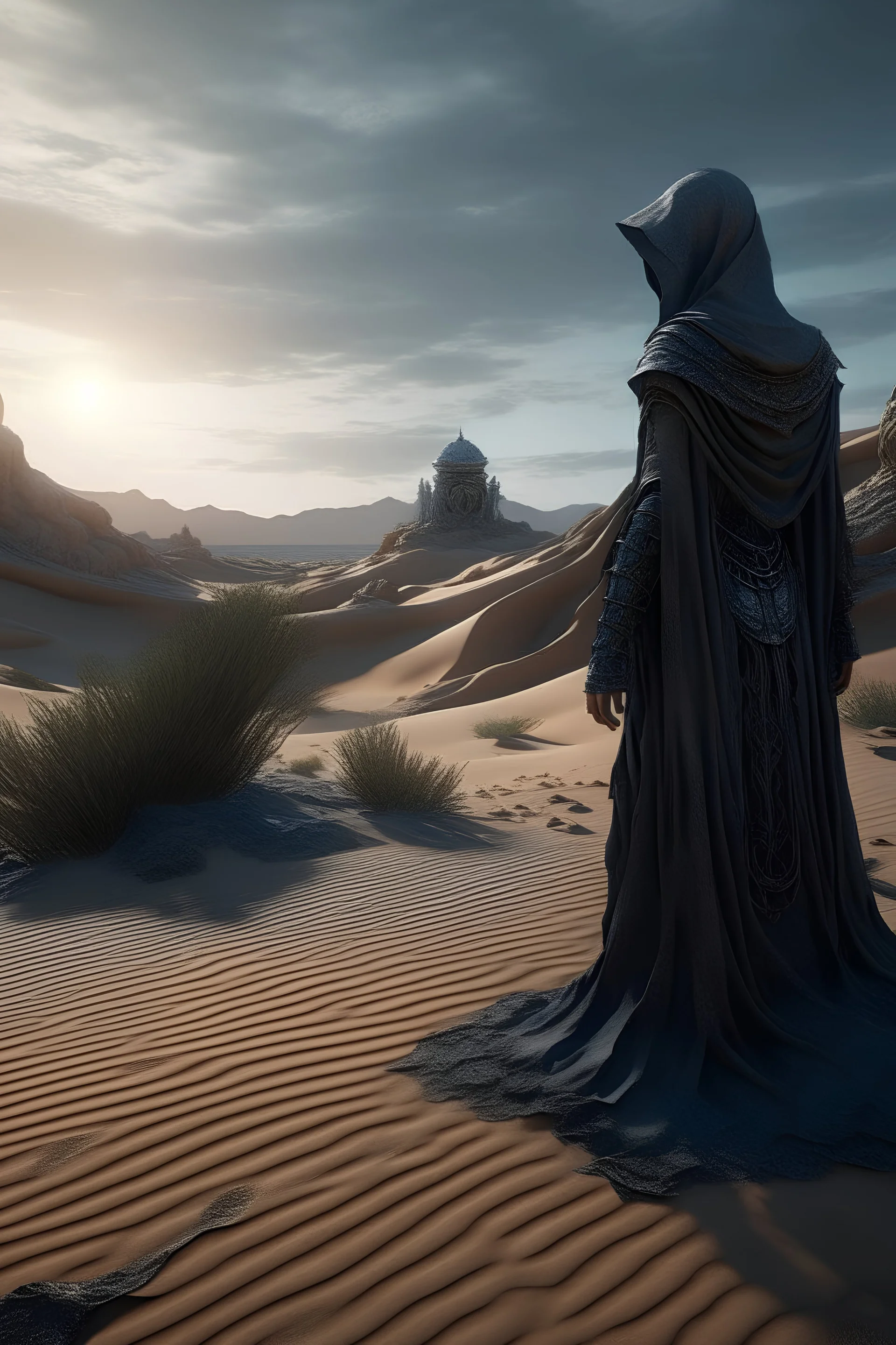 Epic magical scene in desert fantasy Landscape, Highly detailed and different full body shots, in different cinematic model scenes, detailed eyes, muslim robes, angry and intimidating, dark fantasy, dark comic, perfect composition, beautiful details, intricate , highly detailed, trending octane rendering at art station, 8k artistic photography, photorealistic concept art, soft natural volumetric cinematic perfect light, chiaroscuro, beksinski, greg rutkowski