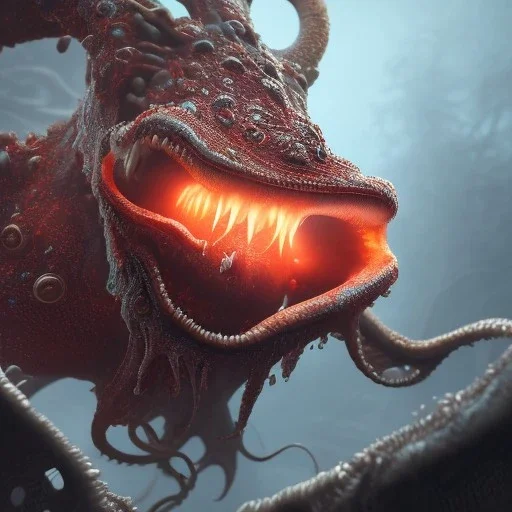 Monster, tentacles, red, huge, horror, teeth, eyes, masterpiece, expert, 8K, hyperrealism, sharp focus, cinematic lighting, blood, gore