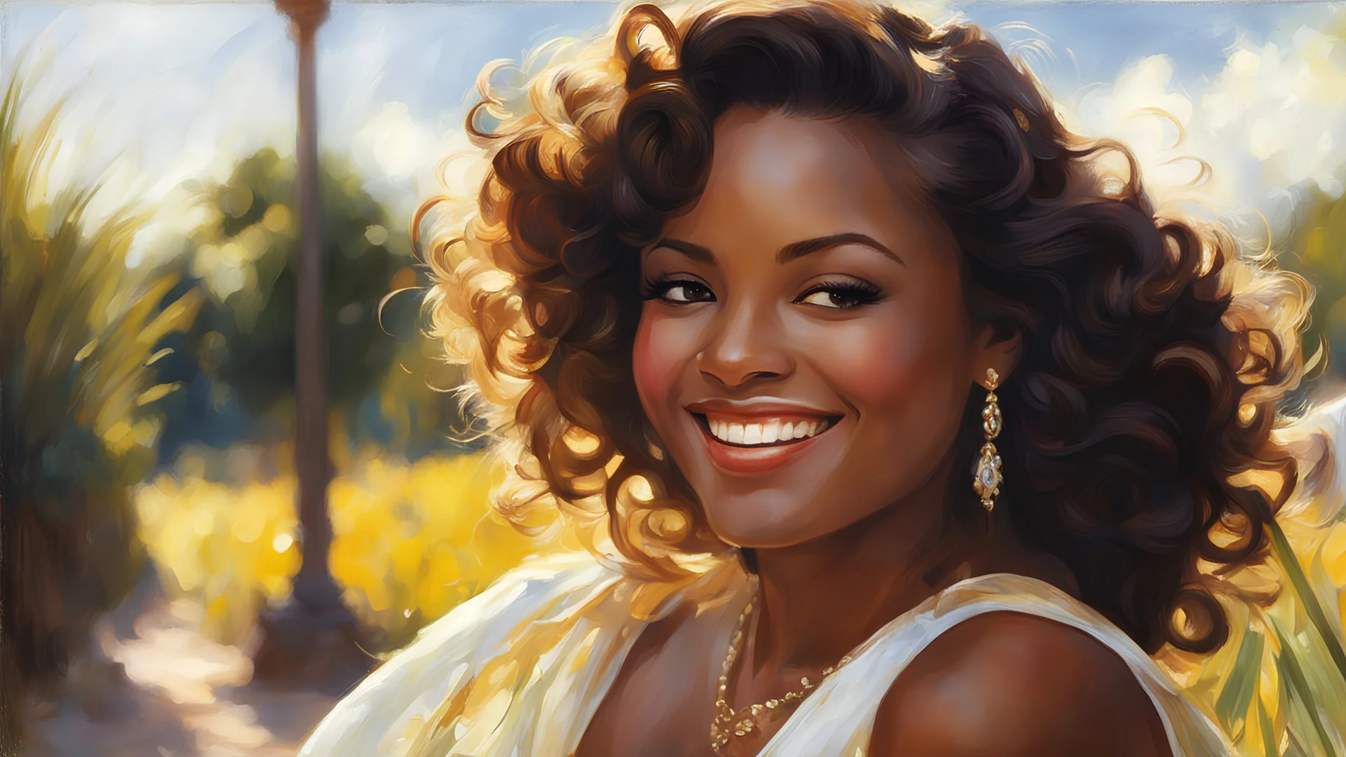 (1woman), smiling in the sun, sunny highlights, perfect face, (yestiddies4:0.45), Anders zorn, sophie anderson, (Gil Elvgren:1.2), (Ilya kuvshinov:0.7), (faces_v2:0.45), dark skin, dark skin, dark-skinned female, (Oil Painting, brush strokes, pre raphaelite:1.2), intricate, box braids