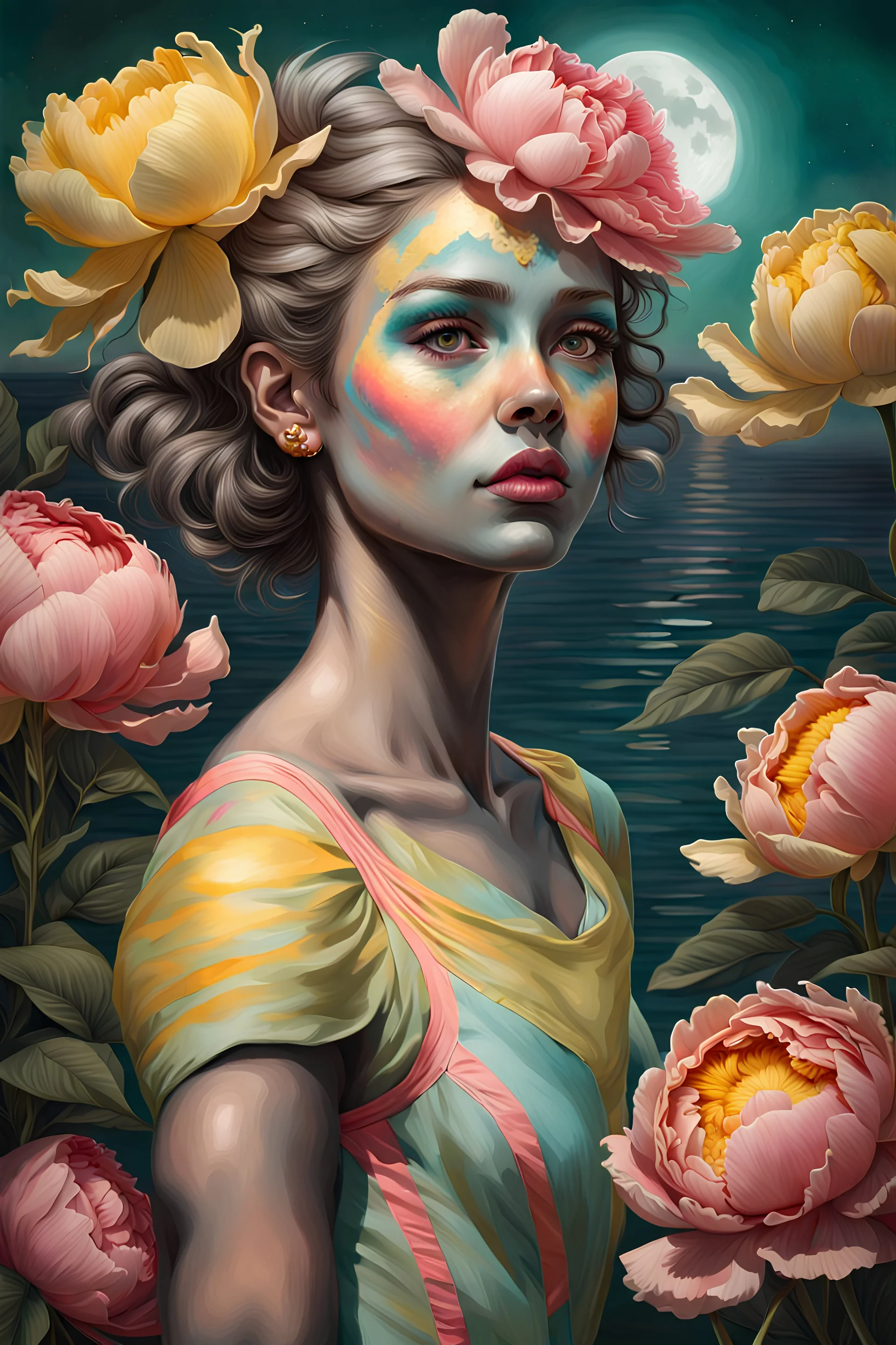 PHOTOREALISTIC PORTRAIT OF A GIRL of Cirque dU soleil, WALKING ON THE SHORE AT THE MOONLIGHT, AND EMBRACING PINK YELLOW PEONIES, VIVID colors: torquoise, pale salmon, persimmon, grey-green , pale lemon yellow, greenish gold, metallic bronze. ULTRA detailed; CORRECT anatomy, FACE and eyes, HIGH RESOLUTION AND DETAILS, HIGH DEFINITION, STYLE BY RAFFAELLO, MICHELANGELO, KAROL BAK, ANDY WARHOL, Anna Dittmann