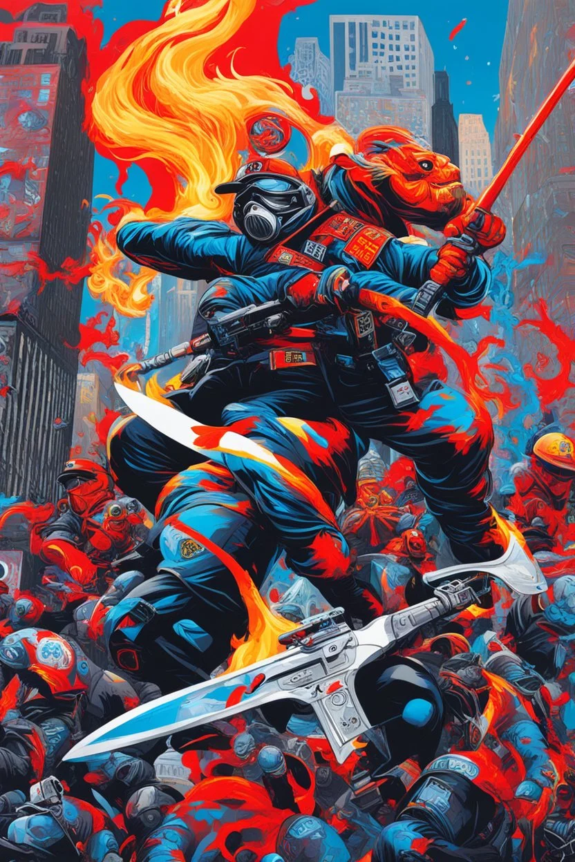 [Tristan Eaton] New York City police officers and firemen fighting giant spiders with axes