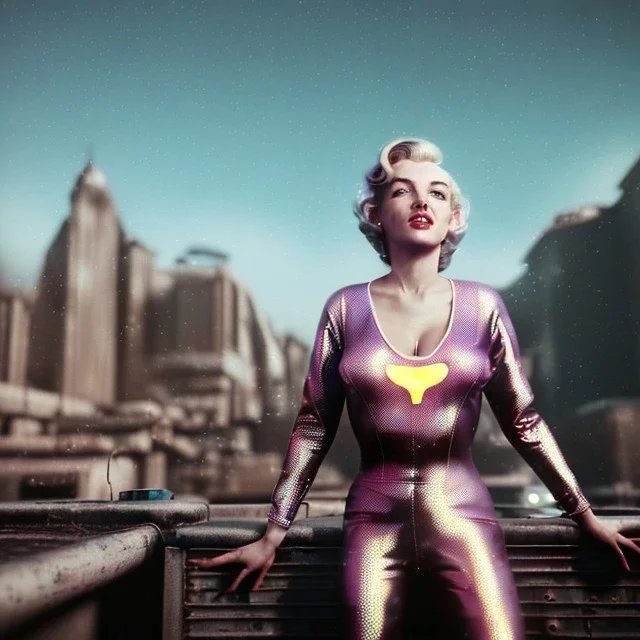 Realistic press image, retro sci-fi, portrait, waist up view, blonde woman, sweet Marylin Monroe face, perfect iris, glow eyes. tight latex tights suit. Retro Futuristic city, cars flying. epic style, vibrant color, highly detailed, unreal engine 5, ray tracing, RTX, lumen lighting, ultra detail, volumetric lighting, 3d, finely drawn, high definition, high resolution.