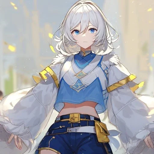 Clear focus, High resolution, rough line sketch art, short fluffy white hair, hair between eyes, fluffy hair, blue eyes, wearing a crop top, wearing shorts, detailed outfit, lots of details, bow on belt, white belt, white and blue everywhere on outfit, cut sleeve, yellow chains around outfit