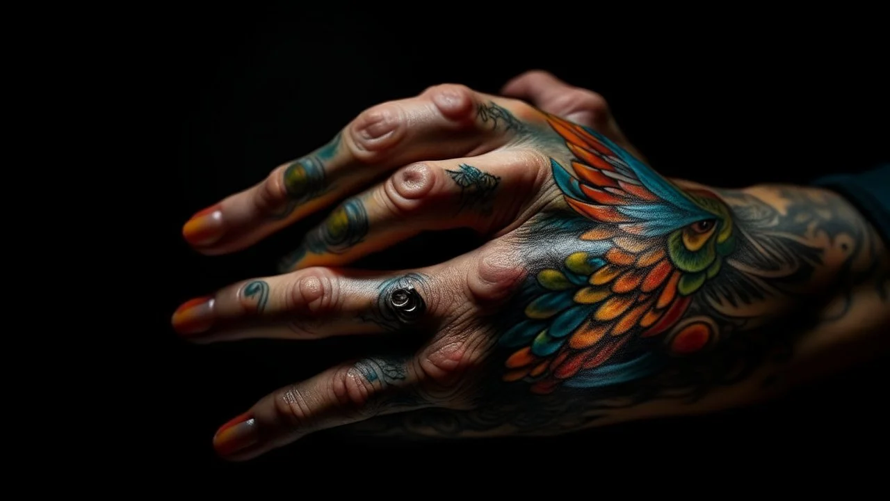 A captivating close-up of two hands intricately positioned to form the shape of a bird's head, with the fingers acting as the beak. The hands are adorned with intricate and colorful tattoos, suggesting a sense of mysticism. The open beak of the bird seems to create a sense of anticipation, as if the bird is about to speak or sing. The background is a blend of warm and cool colors, adding depth and dimension to the scene.