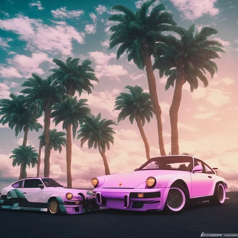 1980's aesthetic vaporwave palm trees and spheres and Porsche with lightning