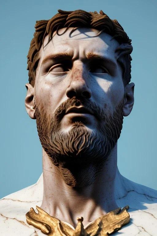 Ultra Realistic image, Roman sculpture, white marble material, Lionel Messi, gold crown of natural thorns, god crown, Renaissance style, sun rays background, waist up portrait, gold flecks, epic, celestial, cinematic lighting, God lights, 4k resolution, smooth details, soft lighting, unreal engine 5, art station, substance 3d.