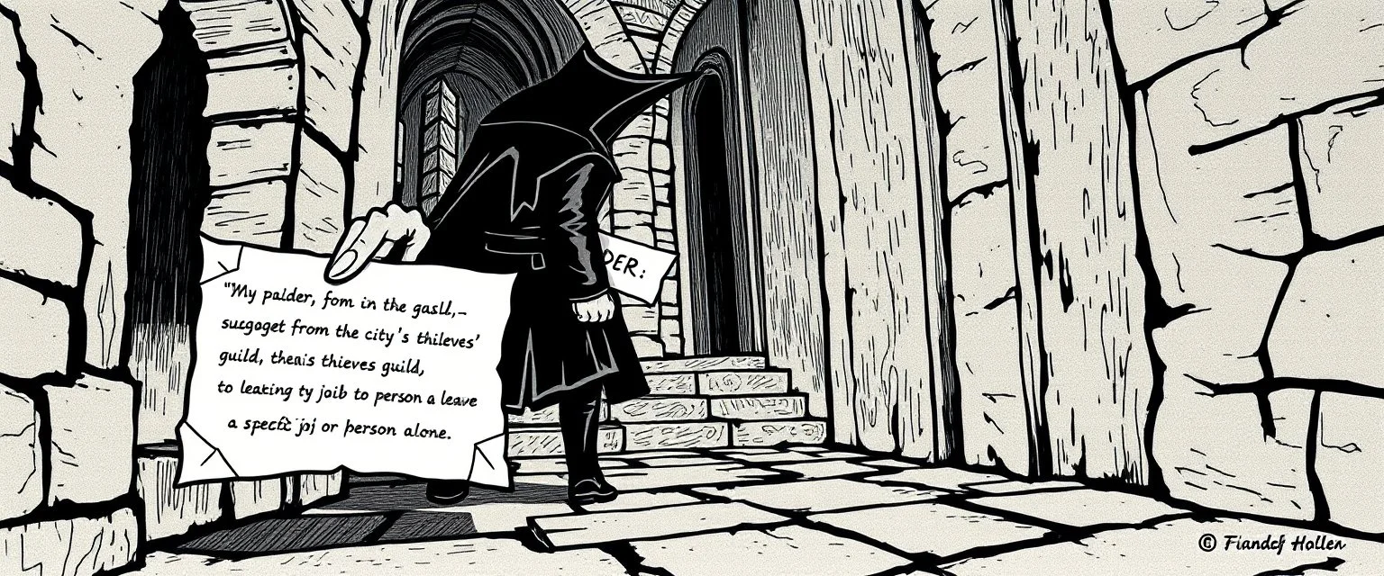 fantasy art, style of Escher , Message from the Guild: A shady figure brushes past a party member, slipping them a note. It's a "suggestion" from the city's thieves' guild to leave a specific job or person alone.