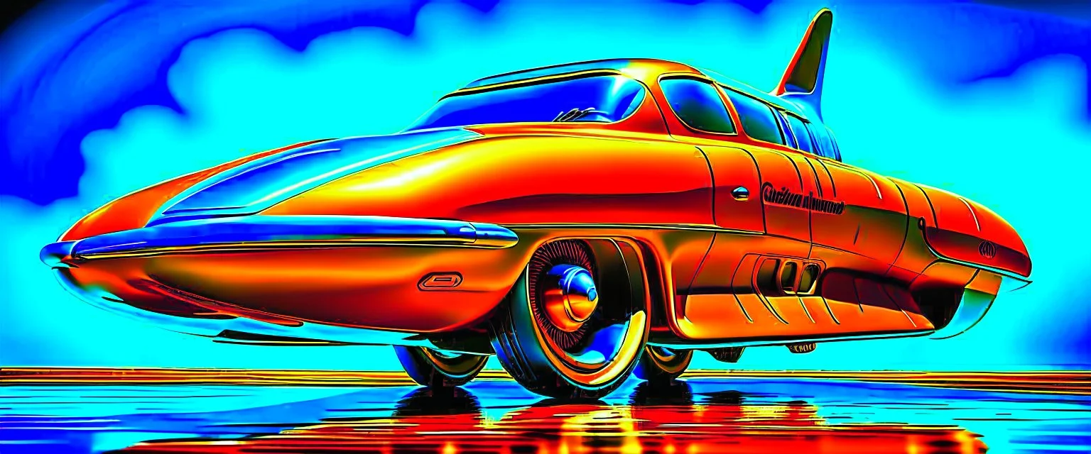 A national geographic award winning photograph of a military fighter jet station wagon wasp hybrid soviet retrofuturism designed by volkswagen only one vehicle per image painted metallic orange traveling at a high rate of speed, jet intake off of front center of vehicle and jet exhaust out the rear with bright blue flame