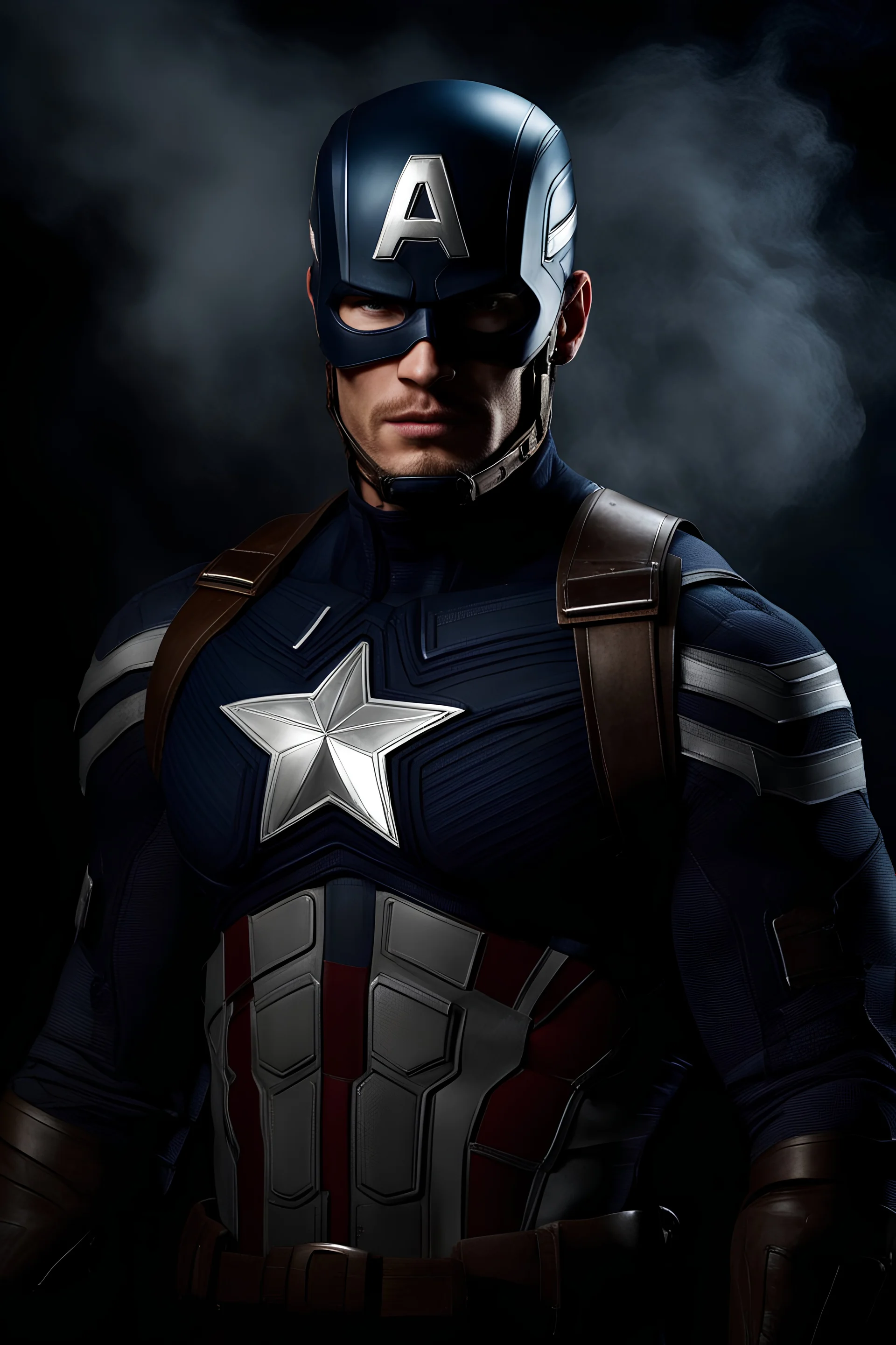 3D Portrait of Alan Ritchson as Captain America, perfect body, perfect face, perfect eyes, dark hair, glamorous, gorgeous, delicate, romantic, realistic, romanticism, blue tones, Boris Vallejo - Pitch black Background - dark, wood panel wall in the background - fire, fog, mist, smoke