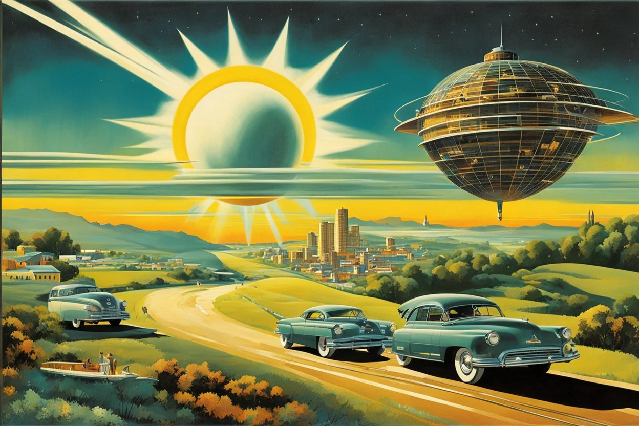 1950's interpretation of the future, a colossal sun machine radiates daylight around the clock imposing itself over the quaint panorama of a small town, soaring sun machine with gleaming machine parts, by Killian Eng, antiquated houses nestled under perpetual daylight, imagined retro futuristic art by Frank Kelly Freas, vintage architecture, stylized illustration, sun machine lustrous rays illuminating the entire townscape, endless day created by human ingenuity, vivid color