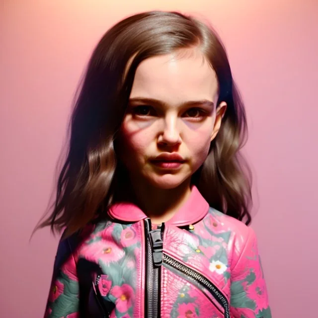 Natalie portman toddler, full body, leather jacket, floral shirt, floral skirt, shoe, soft skin, dramatic lighting, hyper realistic