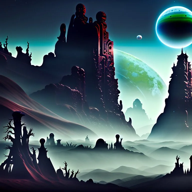 Detailed creepy landscape made of modeling clay, stars and planets, Roger Dean, Tim Burton, strong texture, Ernst Haekel, extreme detail, Max Ernst, decal, rich moody colors, sparkles, bokeh, odd